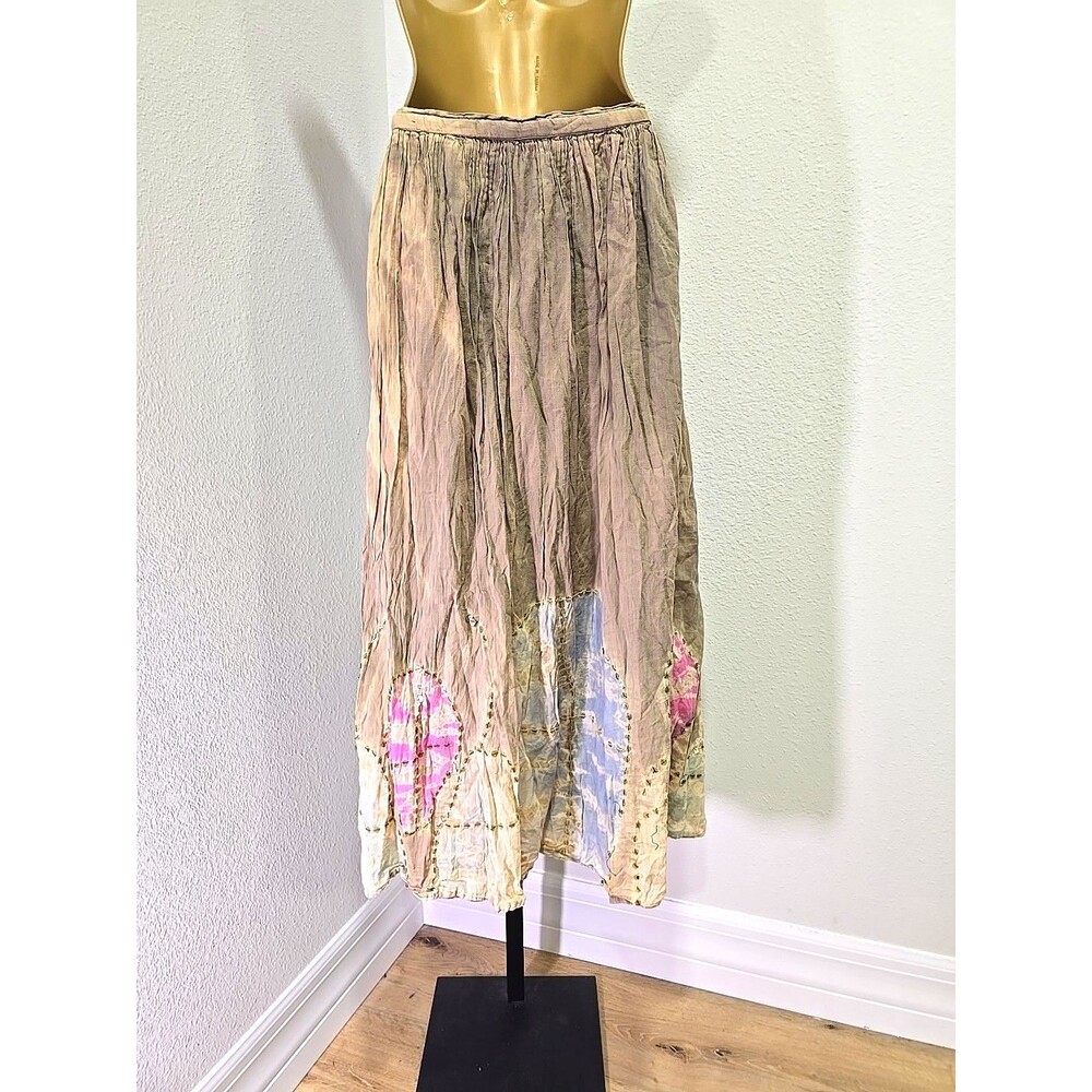 Beige Pink Cotton Midi Skirt XL Sequin Shabby Granola Peasant Boho Fairy Grunge
